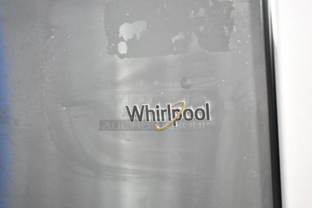 Whirlpool WRT311FZDM01 cooler with freezer, 115V, 1-phase. Visible logo on stainless finish, some surface wear.