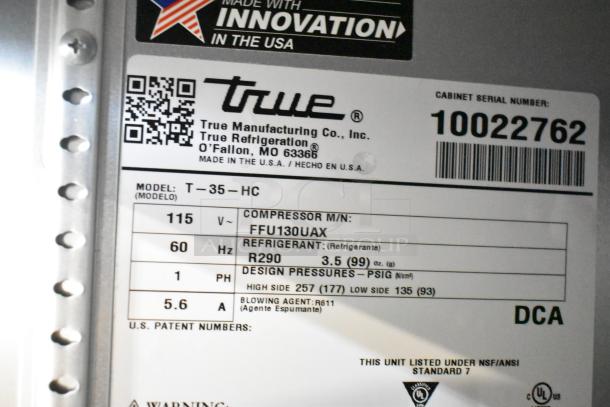 2020 True T-35-HC commercial cooler label detailing model, voltage, and refrigerant type. Made in the USA.