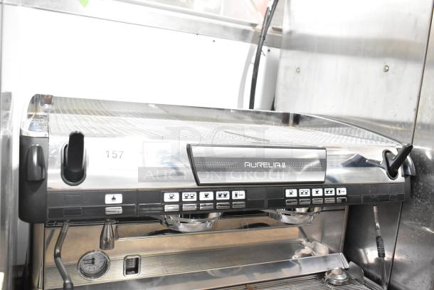Nuova Simonelli Aurelia II commercial espresso machine, 2 groups, 2 steam wands, stainless steel, 208-220V, 1 phase.