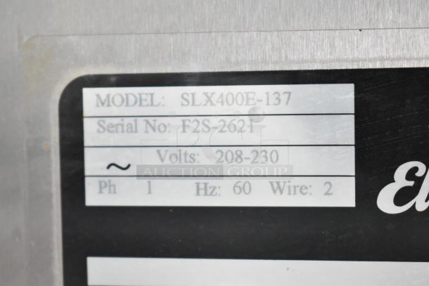Label with Electro Freeze SLX400E-137 model, serial F2S-2621, 208-230 volts, 1 phase, Hz 60, 2 wires.