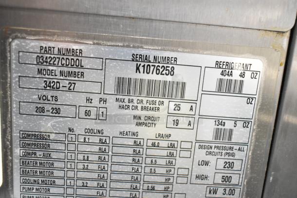 Taylor 342D-27 stainless steel commercial air-cooled frozen beverage machine tag, showing model number, voltage, and specifications.