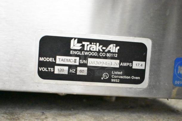 Trak-Air TAEMC-II commercial greaseless fryer label showing model details, 120 volts, 1 phase, Englewood, CO.