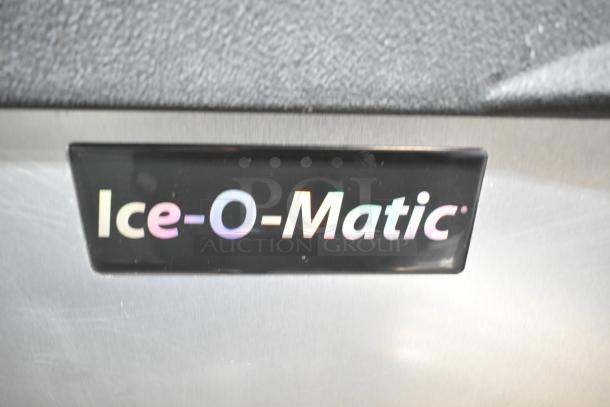 Ice-O-Matic B55PSB commercial ice machine bin, 510 lb capacity, logo detail, stainless steel finish.