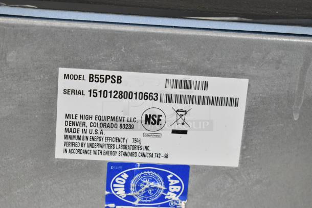 Ice-O-Matic B55PSB ice machine bin label, showing model and serial number, NSF certification, and manufacturing details.