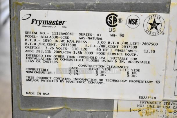 Frymaster BIGLA330-6CSD 3 bay deep fat fryer, natural gas, 105,000 BTU, filtration system, commercial casters, model label shown.