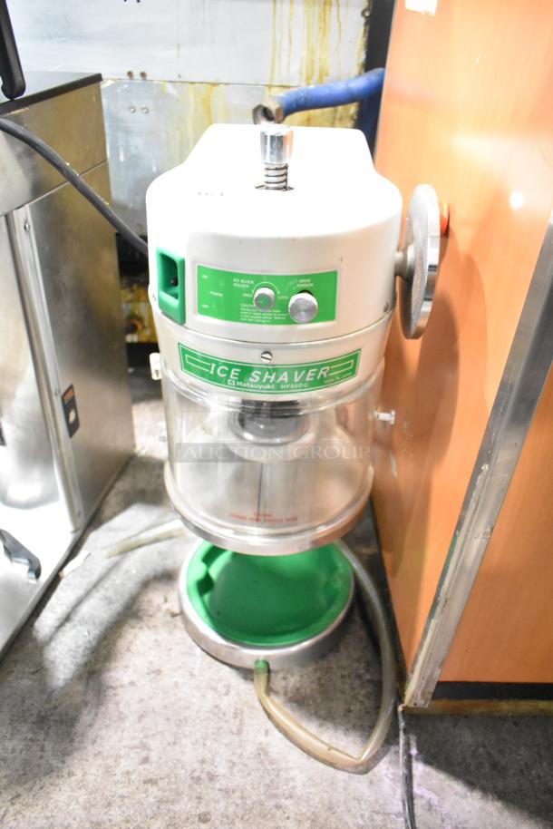 Hatsuyuki HF50DC commercial ice shaver, countertop model, features green panel, visible controls, in used condition.
