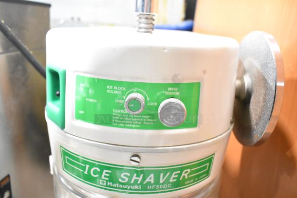Hatsuyuki HF50DC Commercial Countertop Ice Shaver, white with green control panel, visible knobs and labels.