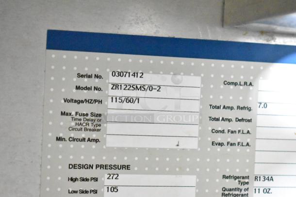Norlake ZR122SMS/0-2 commercial prep table label showing model, voltage 115/60/1, and design pressure specs.