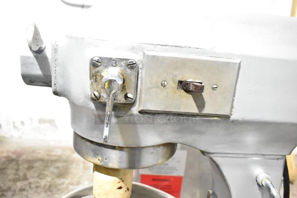 Hobart A200 commercial 20 qt mixer with bowl and dough hook, 115V, used condition, visible wear on controls.
