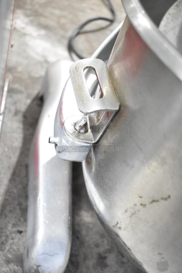 Hobart A200 mixer detail with 20 quart bowl and hook, showing metal components and minor wear. 115V, 1 phase.