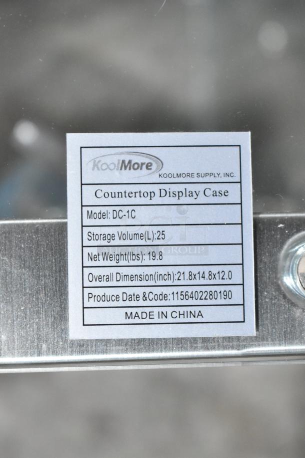BRAND NEW KoolMore DC-1C bakery display case with curved glass, rear door, 0.9 cu. ft. Storage: 25L. Dimensions: 21.8x14.8x12 in.