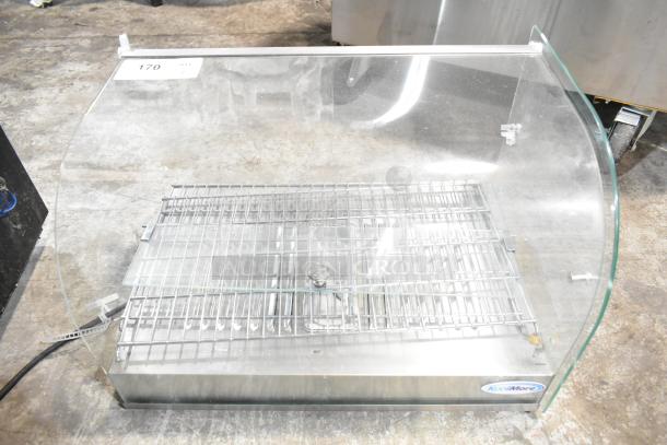 Brand new KoolMore HDC-1.5C curved glass countertop display warmer, 1.5 cu. ft. capacity, 110-120V. Model tag visible.