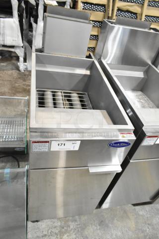 Cook Rite ATFS-40 commercial gas deep fryer, 102,000 BTU, floor model, stainless steel, labeled, excellent condition.