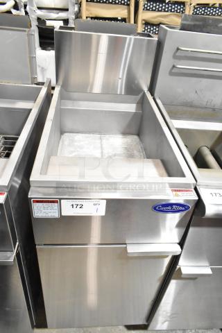 Cook Rite ATFS-40 Commercial Gas Fryer, 102,000 BTU, stainless steel, floor style, visible Cook Rite logo and warning labels.
