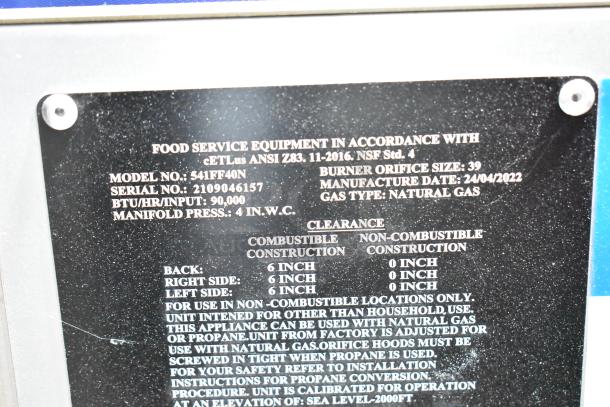 2022 Mainstreet 541FF40N Natural Gas Floor Fryer, 90,000 BTU. Model info on metal label. ANSI compliant.