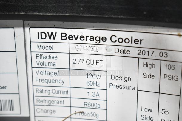 IDW G-77-N23EB Commercial Drink Cooler label, detailing model, voltage (120V/60Hz), capacity (2.77 cu.ft), and refrigerant (R600a).