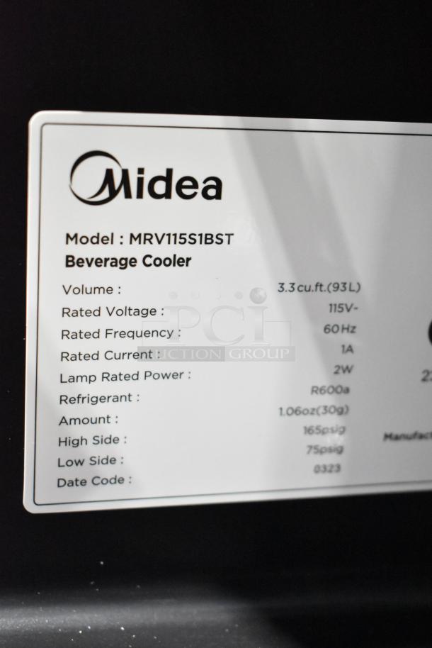 Midea MRV115S1BST 3.3cu.ft. mini beverage cooler label, 115 volts, 1 phase, brand new scratch and dent.