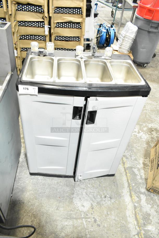 Suncast C3600G 4 Bay Portable Sink, gray, dual doors, four stainless steel basins, faucet handles, used condition, item 176.