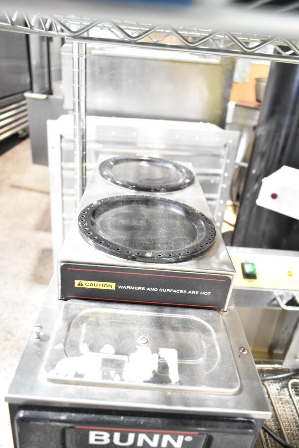 Bunn Commercial 3 Burner Coffee Machine with 115 Volts, 1 Phase; features caution label indicating hot surfaces.
