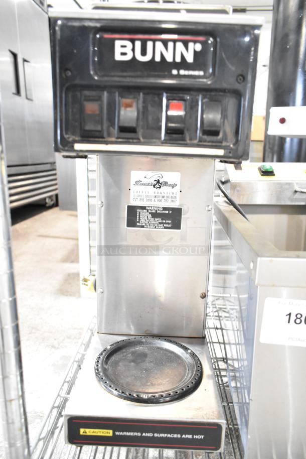 Bunn Commercial 3 Burner Coffee Machine, 115 Volts, 1 Phase, stainless steel, warning label present, used condition.