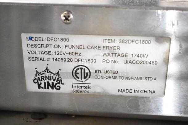 Carnival King DFC1800 25 lb. funnel cake fryer, 120V, 1740W, ETL listed, serial #14059 20 DFC1800, made in China.