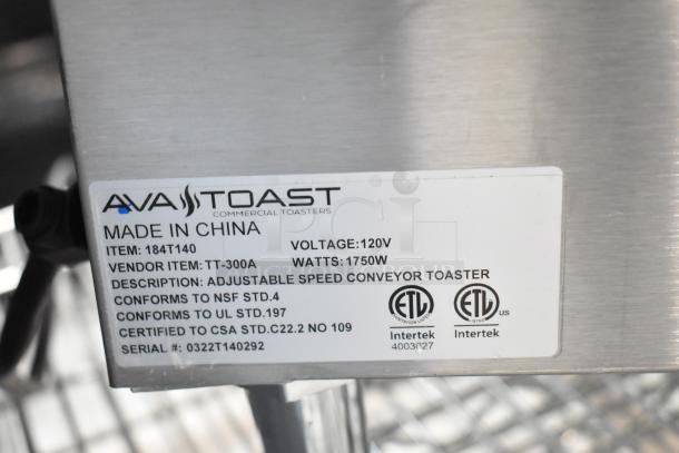 AvaToast 184T140 commercial 10" conveyor toaster label, 120V, 1750W, adjustable speed, ETL listed, NSF and UL certified.