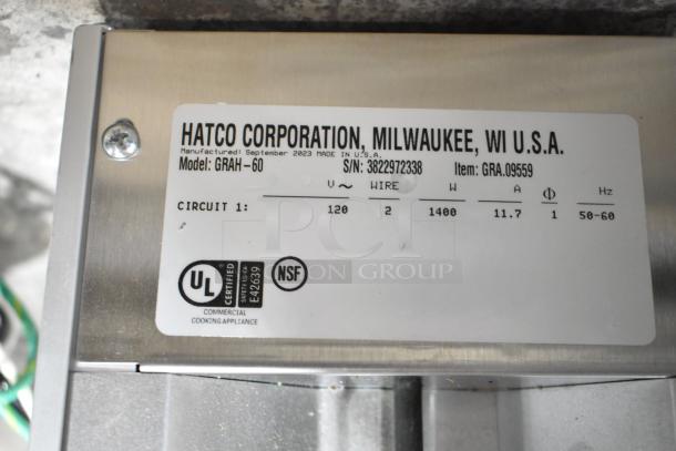 Hatco GRAH-60 60" Glo-Ray High Wattage Infrared Food Warmer, 120V, 1 Phase. Featuring model and serial number plate.