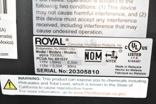 Royal alpha 7000ML Countertop Electronic Cash Register, 115V, 1 Phase, Model label and warning visible. Serial No: 20305810.