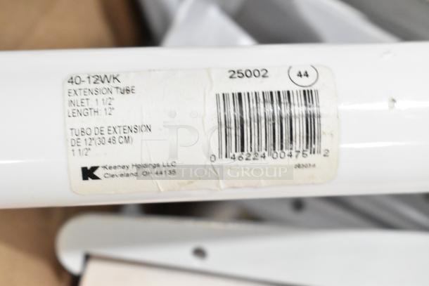 Lot of various items including brackets, lid, extension tubes, and hose. Visible label: Keeney Holdings LLC, 12" extension tube.