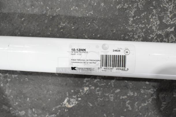 White 12" sink tailpiece, model 10-12WK by Keeney, with visible label detailing size, inlet, and barcode.