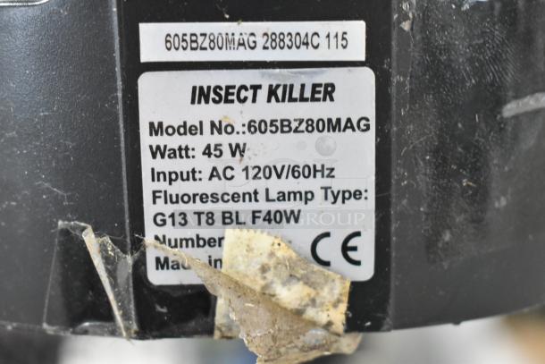 Zap N Trap Bug Zapper label, Model 605BZ80MAG, 45W, 120V AC input, fluorescent lamp type G13 T8 BL F40W.