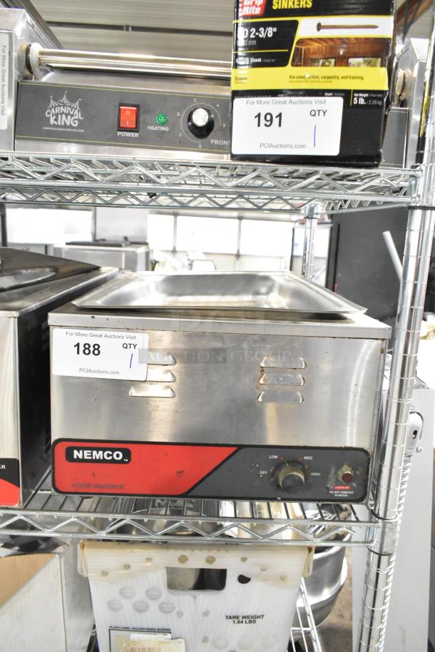 Nemco 6055A Commercial Countertop Food Warmer, 120 Volts, stainless steel, visible controls, auction tag 188, pre-owned.