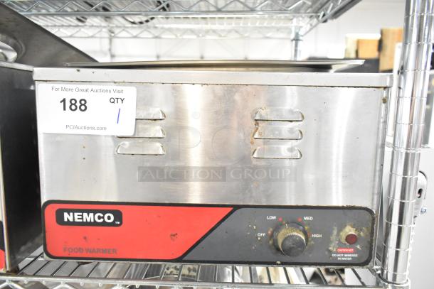 Nemco 6055A commercial countertop food warmer, 120 volts, 1 phase, stainless steel, temperature dial, auction tag 188.