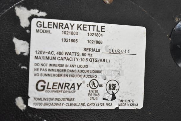 Glenray 102180 commercial soup kettle, 120V, 400W, 10.5 qt capacity. Serial #1003044, NSF certified, label shows specs.