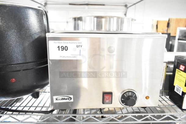 Brand new 2023 KoolMore VFW-4 countertop food warmer, 110V, with minor scratches and dents. Control knob and power switch visible.