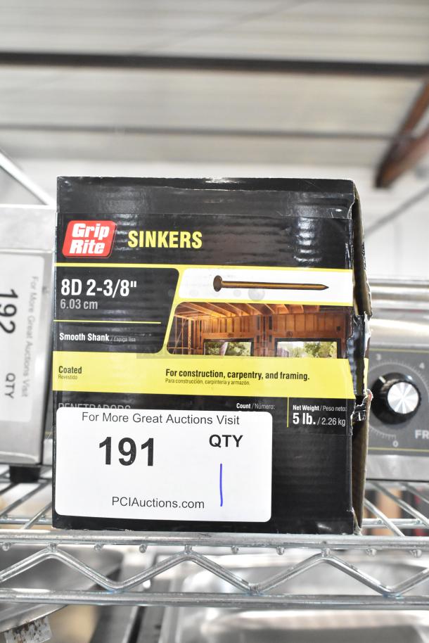 Box of Grip Rite Sinkers, 8D 2-3/8", smooth shank, coated for construction, carpentry, and framing, 5 lbs.