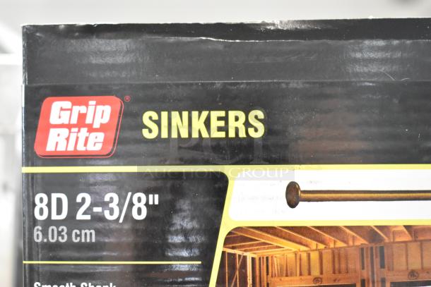 Box of Grip Rite Sinkers, 8D 2-3/8", smooth shank, visible label indicating length of 6.03 cm, suitable for framing tasks.
