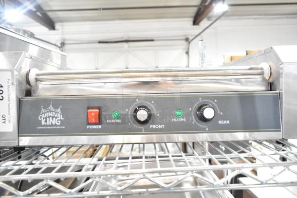 2021 Carnival King 382HDRG24 countertop hot dog roller in stainless steel, dual-zone heating, 120 volts, commercial-grade.