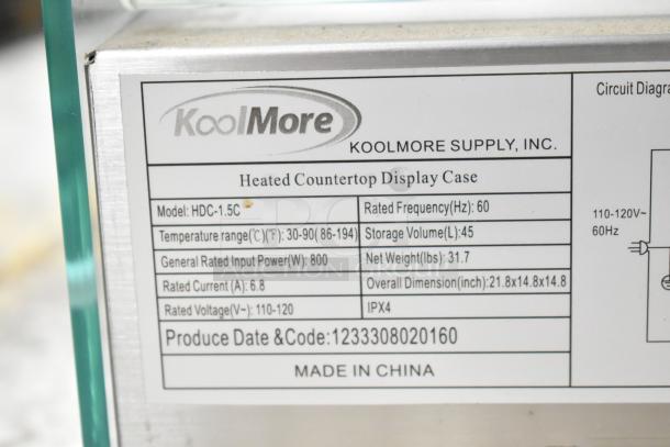 New KoolMore HDC-1.5C Curved Glass Display Warmer, 1.5 cu. ft., 110-120V, 800W, 31.7 lbs, stainless steel, Model HDC-1.5C.