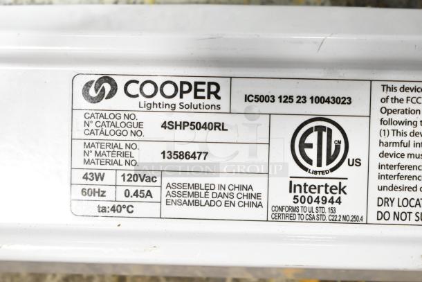 Cooper Lighting 4SHP5040RL, 120V, 1 Phase light. Features catalog number and certifications. Assembled in China.