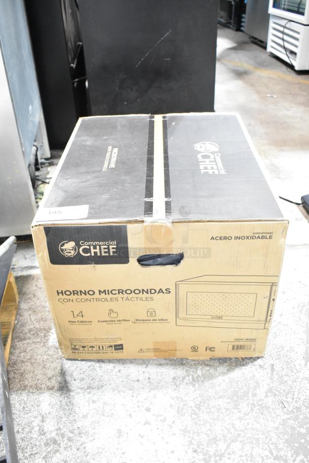 Commercial Chef Countertop Microwave in box. New with scratches and dents. 120V, 1 Phase. Touch controls, 1.4 cubic feet.