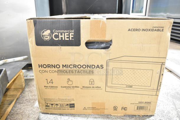 Commercial Chef countertop microwave in box, 120 volts, scratch and dent condition, 1.4 cubic feet, tactile controls.