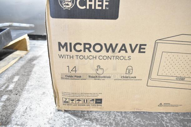 BRAND NEW Commercial Chef Microwave, 1.4 cu ft, 1100W, touch controls, in original packaging. Scratch and dent condition.