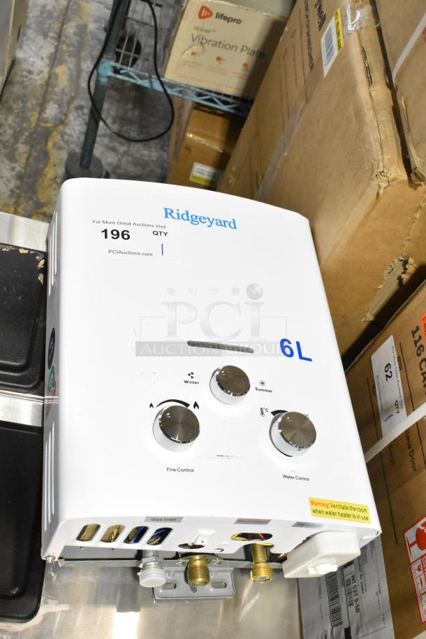 Ridgeyard Commercial Propane Gas Water Heater, 6L capacity, control knobs for winter/summer, labeled connections; new condition.