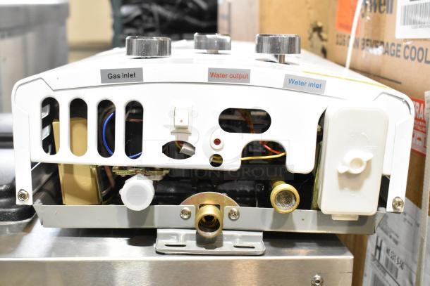 Ridgeyard commercial propane gas water heater showing gas inlet, water inlet, and output valves, in good condition.