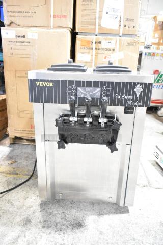 Vevor YKF-8218T 2 Flavor Soft Serve Machine, countertop model. Stainless steel, three levers, auto-clean function, 110V.
