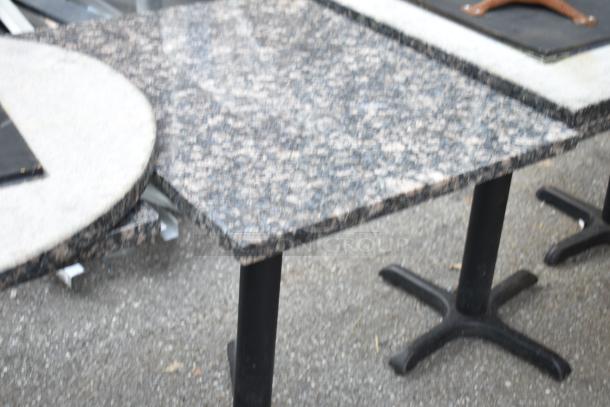 13 various dining-height tables with granite-style tops on metal bases, suitable for restaurant or home use, good condition.