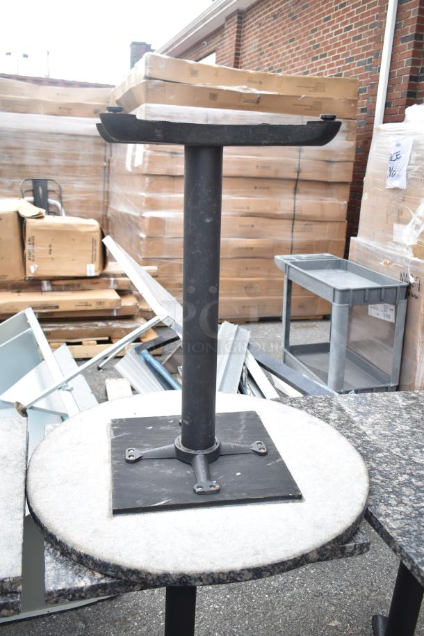 13 various dining height tables, mixed designs, shown with metal bases and stone tops. Some wear noticeable. Auction lot.