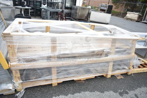 3 brand new scratch and dent items in wooden crates, wrapped in plastic, including wall shelf and sink.