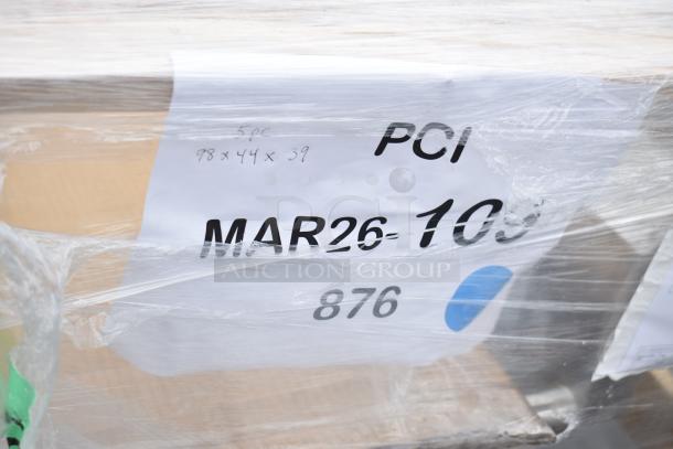 Pallet of items including brand new scratch and dent wall shelf and sink. Tag reads "MAR26-109, PCI, 5pc, 98x44x39, 876."